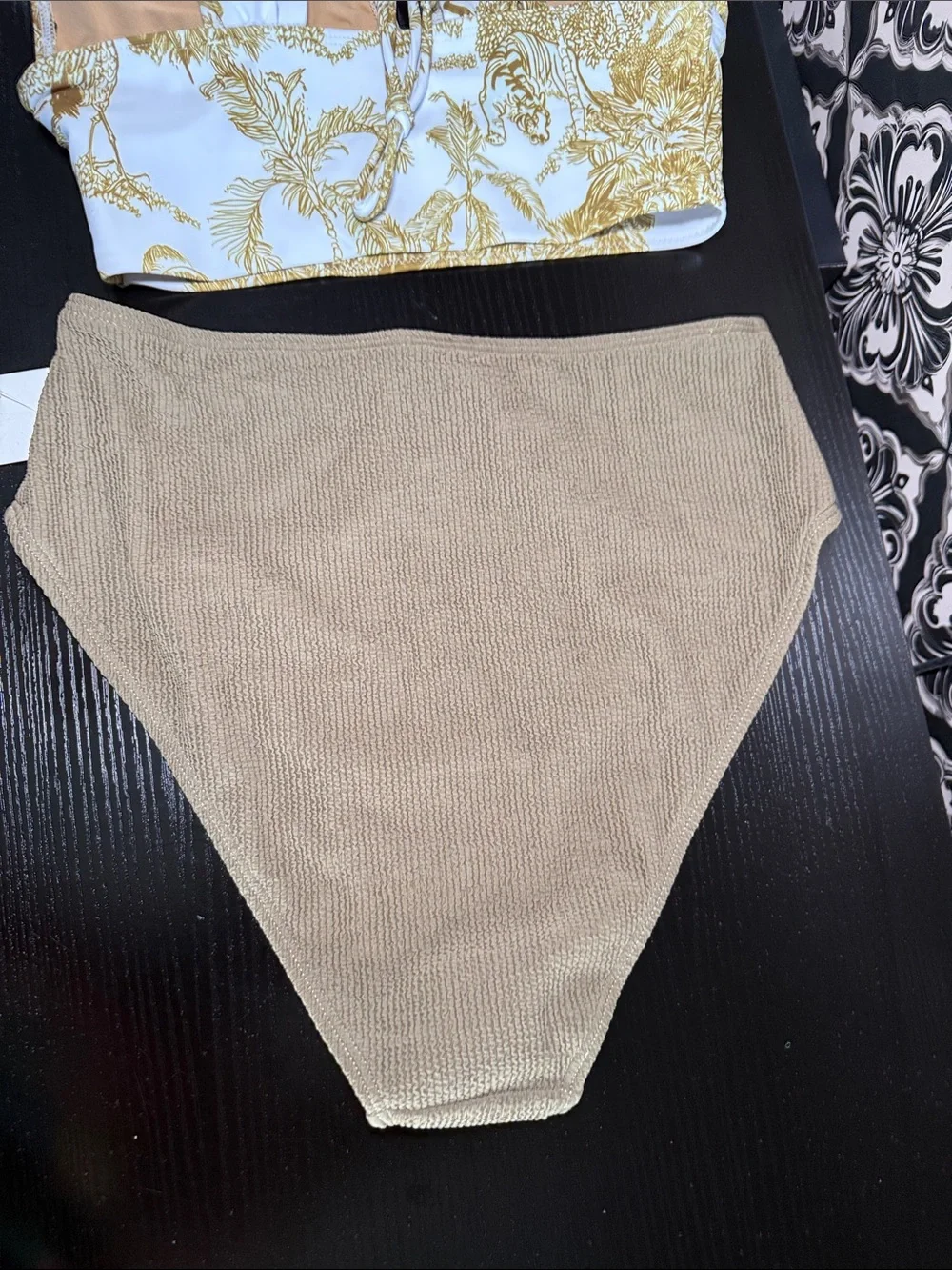 High-Waist Ribbed Bikini Set in Olive and White by